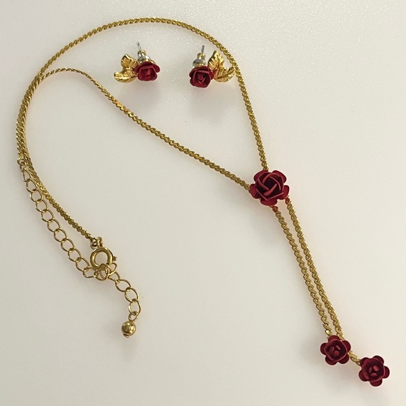 Vintage June Birth Flower Necklace and Earrings Set Gold Tone Red Rose Enamel - Picture 1 of 16